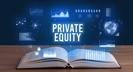 An image featuring an open book on a wooden surface, with holographic financial charts, graphs, and a globe projected above it. The background is dark blue, and the words "PRIVATE EQUITY" are prominently displayed in large, glowing letters above the book